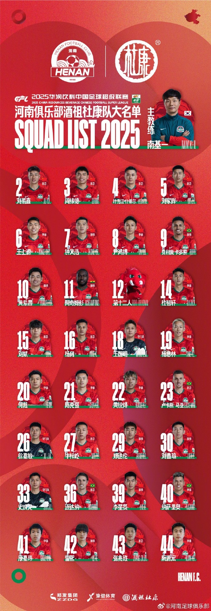 河南隊一線隊名單：5外援領(lǐng)銜，12號授予“第十二人”